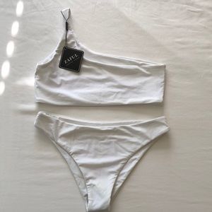 One shoulder, white bikini